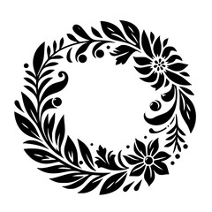 Elegant Black Floral Wreath Design with Leaves, Blossoms, and Decorative Elements, on a White Background.