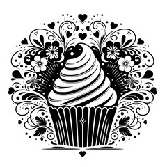 Ornate Black and White Illustration of a Swirled Iced Cupcake, surrounded by Floral and Heart-Shaped Embellishments, on a White Background.