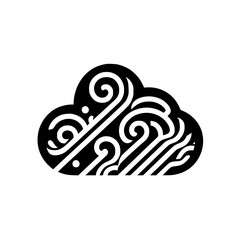 Stylized Cloud Icon: Abstract Black and White Design Featuring Swirls, Lines, and Dots on White Background.