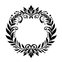 Elegant Black and White Circular Laurel Wreath Illustration, Featuring Leafy Foliage, Spirals, and Decorative Elements on a Clean White Background.