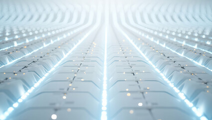 Fototapeta premium Futuristic Solar Panel Arrays: Seamless Flat Design Tile Patterns with Glowing Lines and Clean White Isolation for Cutting-Edge Aesthetics in Smart Business Concepts