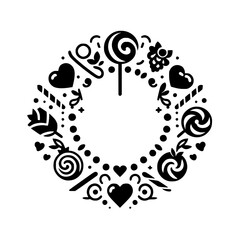 Black and white circular ornament composed of stylized candy, hearts, floral, and geometric elements, creating a decorative border.