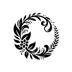 Elegant black and white floral wreath design featuring leaves, flowers, and ornamental flourishes, arranged in a circular, balanced composition.