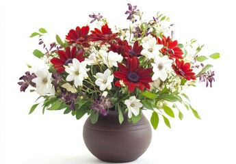 Fototapeta premium Beautiful and Vibrant Mixed Flower Bouquet with Red, White, and Purple Blooms in a Simple Brown Pot on a Bright Background