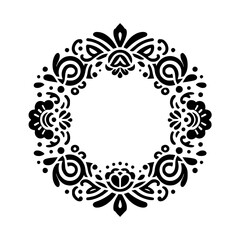 Intricate Black Floral Wreath, Symmetrical Design with Detailed Ornamentation, Isolated on White Background.