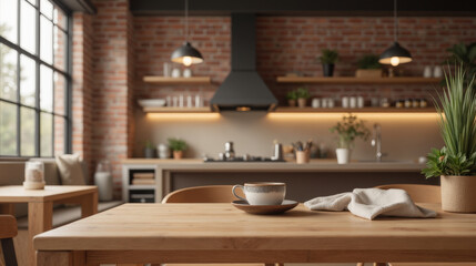 cozy kitchen scene featuring wooden table, cup of coffee, and plants. warm lighting and brick wall create welcoming atmosphere