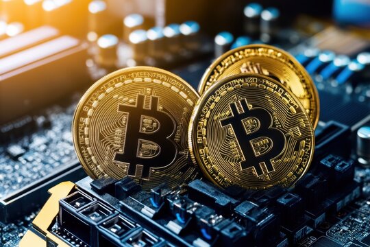 Bitcoin coins placed on a computer motherboard during a cryptocurrency mining session