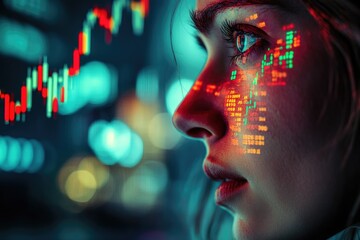 A woman's face is overlaid with stock market data, symbolizing the intersection of technology and finance.