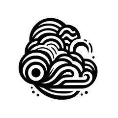 Abstract Black and White Graphic: A stylized, cloud-like composition with concentric lines, curves, and dots on a stark white background, creating a dynamic, minimalist design.