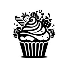 Stylized Black and White Cupcake Illustration with Whipped Cream, Berries, Candy & Leaves, on white background.