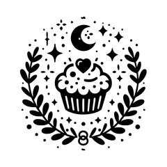 Celestial Cupcake: A whimsical black and white illustration of a cupcake with a heart, surrounded by a crescent moon, stars, and a laurel wreath.