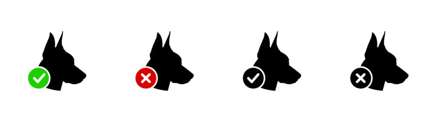 Fototapeta premium Dog head approval and rejection (tick and cross) icons in black and color. Vector icon