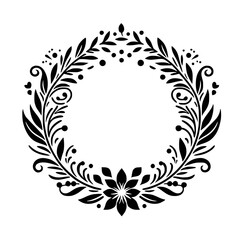 Elegant black and white floral wreath design, featuring stylized leaves, berries, and a central flower, perfect for invitations or decorative use.
