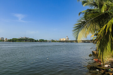Vibrant riverside view in Abidjan with clear skies and palm trees in the foreground