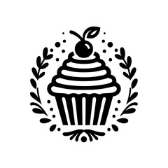 Elegant Black & White Dessert Illustration: Cupcake with Cherry, Decorative Wreath & Dots, Minimalist Design.