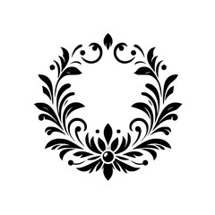 A symmetrical, monochromatic botanical wreath composed of elegant, stylized leaves, flourishes, and a central flower-like element, set against a stark white background.