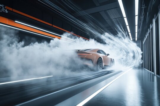 High-performance car testing in wind tunnel with dramatic fog and lighting effects