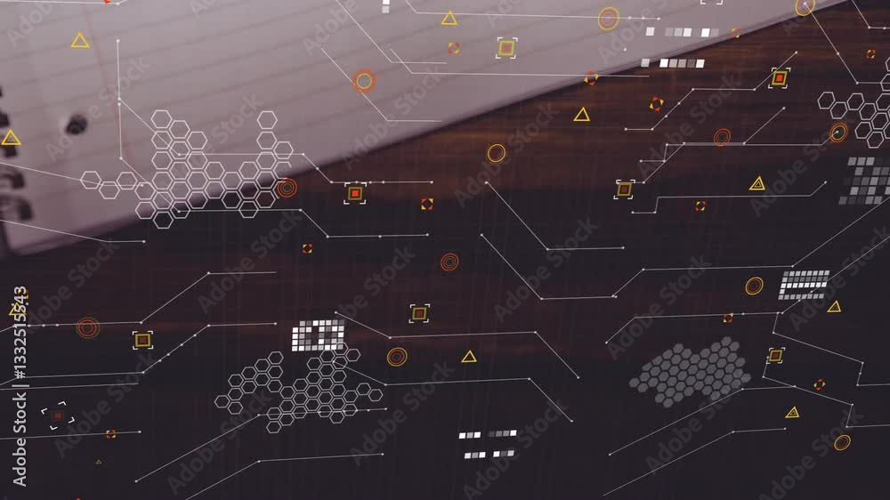 Poster digital data and abstract geometric patterns overlaying wooden surface in animation