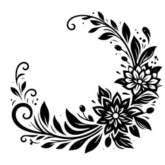 Elegant Black and White Floral Crescent: Detailed botanical illustration featuring stylized flowers, leaves, and delicate curls, arranged in a graceful, semi-circular composition against a pristine wh