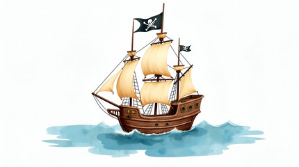 Exciting Watercolor Pirate Ship Clipart: Perfect for Inspiring Swashbuckling Tales and Adventures in Children's Playrooms - Unique Flat Adventurous Vector Illustration for Creative Storytelling