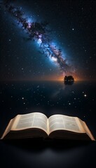 Naklejka premium Open Book Under a Milky Way Sky, Inspiring Wisdom