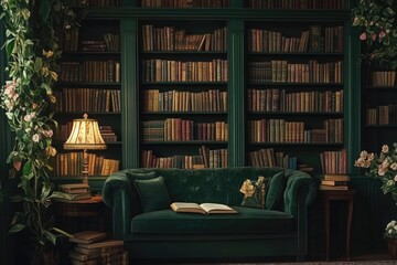 A dark academia inspired library with deep green and brown tones