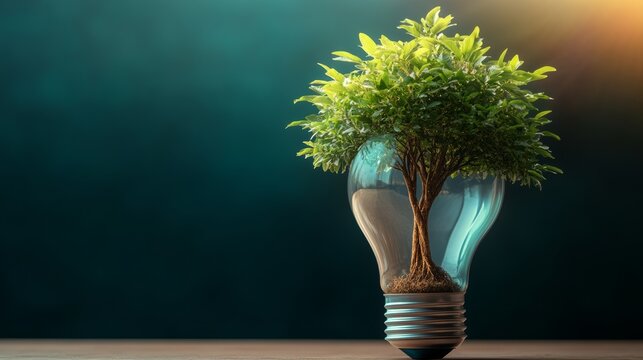 Tree is growing inside a light bulb. The bulb is green and has a clear glass covering. The tree is growing inside the bulb, which is a symbol of life and growth. Concept of hope and renewal