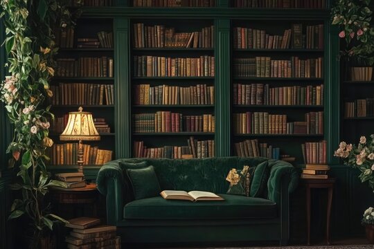 A dark academia inspired library with deep green and brown tones