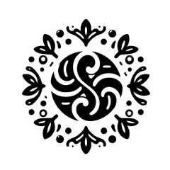 Ornate Black and White Circular Design: A Symmetrical Floral Mandala with Swirls, Petals, and Dots, on a White Background.
