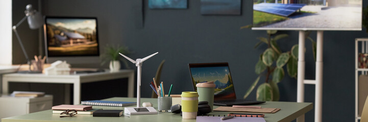 Header with workplace of engineers in boardroom