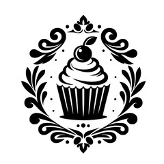 Elegant Black & White Bakery Crest: A Detailed, Ornate Design Featuring a Cupcake with Cherry & Decorative Floral Frame on a White Background.