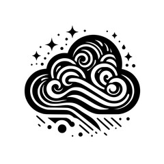 Stylized Black & White Illustration: Decorative Cloud with Swirls, Rain, Stars, & Dots on White Background.