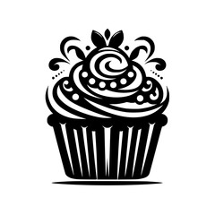 Elegant Black and White Cupcake Illustration with Detailed Swirls, Delicate Dots, and Ornamental Accents on a White Background.