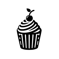 Minimalist Black and White Illustration of a Cupcake with Swirled Frosting and Cherry Topping, Isolated on White.