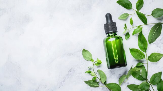 Revitalizing green essential oil bottle enveloped in lush foliage, a natural wellness elixir