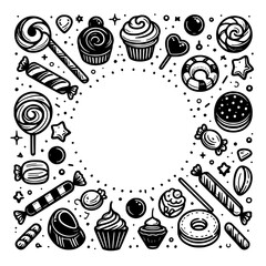 Obraz premium Monochrome Sweets Border: A Circular Arrangement of Lollipops, Candy, Cupcakes, and Donuts on a White Background