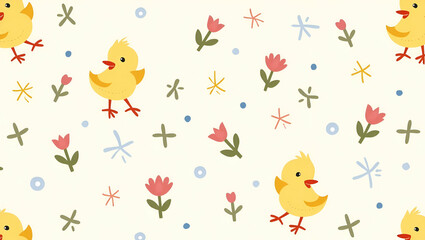 Fototapeta premium Playful Spring Colors in Whimsical Easter Chicks and Roses Seamless Tile Pattern Design