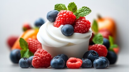 White dessert with blueberries and raspberries on top. The dessert is surrounded by a variety of fruits, including blueberries, raspberries, and oranges
