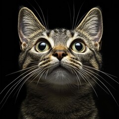 Obraz premium Curious tabby cat gazes upwards with wide eyes against a dark background