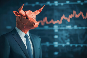 Businessman with origami bull mask in front of stock market graph