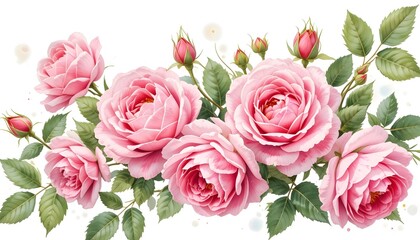 An isolated white background with pink roses.  Pink flowers, buds, and green foliage are seen in this watercolor botanical artwork.  Branching roses