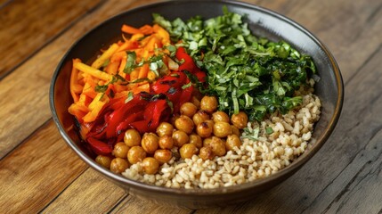 A Buddha bowl filled with brown rice, roasted chickpeas, and colorful vegetables