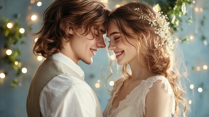 Young couple smiling and touching foreheads against a bokeh lights background.