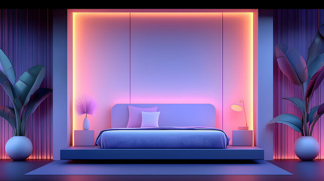 Modern Minimalist Bedroom with Neon Pink and Purple Lighting