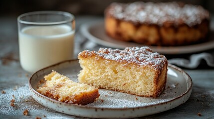Crumb cake slice, dusted with powdered sugar