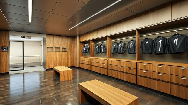 Team Locker Room Interior with Wooden Benches and Personalized Jerseys Displayed Neatly