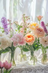 Obraz premium Beautiful arrangement of colorful spring flowers in elegant glass vases on a bright window sill with natural light illuminating the scene