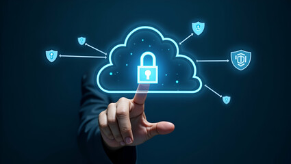 Fototapeta premium Flat Zero Trust Security Concept. A person touching virtual zero trust security icons cloud protection business information network security shields connectivity cybersecurity measures cybercrime. con