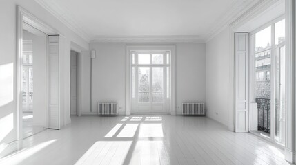 Obraz premium Sunlit empty white room with hardwood floors, tall windows, and French doors.