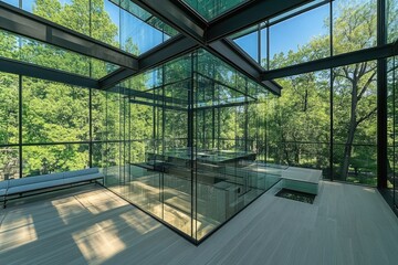 A modern glass room with forest view and minimalist design